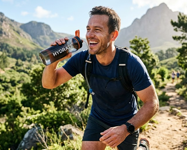 Hydratácia a vitalita tela – pohár vody na rannom slnku